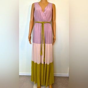 Flying Tomato-Sleeveless, Purple/Cream/Green, Belted, Long, Maxi Dress. Size-S